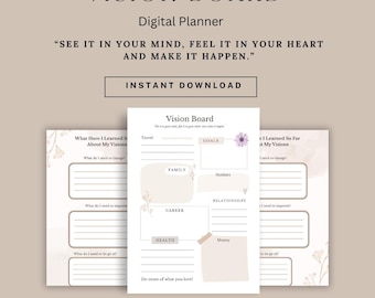 May include: A digital vision board planner with the title "VISION BOARD" and the text "SEE IT IN YOUR MIND, FEEL IT IN YOUR HEART AND MAKE IT HAPPEN." The planner includes sections for goals, family, career, and health. It is a PDF file, Letterhead A4- Paper Size.