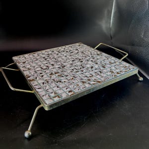 Mosaic Trivet Vintage Ceramic Gold & Pearl Tones – Metal Frame – 1950s Kitchen Decor