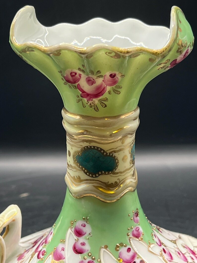 Nippon Double Handled Gold Beaded Vase With Green and Pink Flowers ...