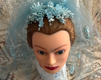 Vintage 60s Aqua Short Wedding Veil with Cascades of Flowers 18"