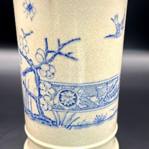 Vintage Blue Transferware Porcelain Brush Cup/Bud Vase in Asian Theme