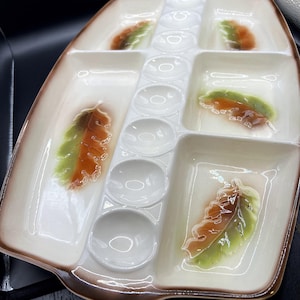 ヴィンテージ カリフォルニア ポタリー S-216 レリッシュ＆エッグプラッター – 秋の葉のテーマ – サンキスト 1959