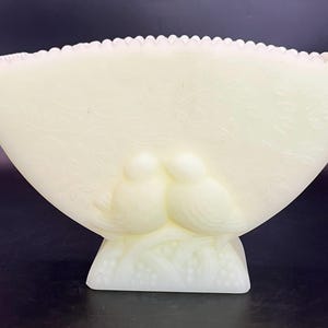 Vintage Fenton Love Birds Yellow Custard Satin Glass Vase