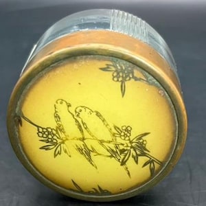 Vintage Vanity Glass Jar W/ Two Love Birds Enameled Lid Gold Metal