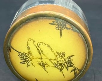 Vintage Vanity Glass Jar W/ Two Love Birds Enameled Lid Gold Metal