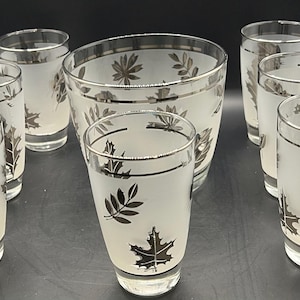 Mid Century Modern Libbey “Silver Leaf” Glassware Set – Ice Bucket & 7 Glasses