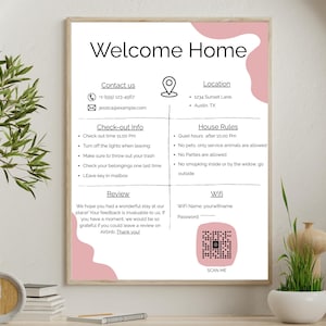 May include: A welcome home guide with information about check-out time, house rules, wifi, and contact information. The guide is printed on a white background with pink accents.