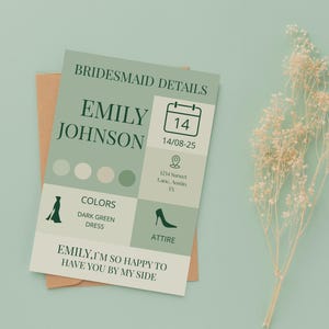 Brautjungfer Detailkarte in salbeigrün für farbliche Hochzeitsplaner - bearbeitbare minimalistische Vorlage für elegante Brautparty Details