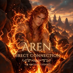 May include: A digital illustration of a person with long red hair surrounded by orange flames. The text reads AREN DIRECT CONNECTION THE ANCIENT CODEX. The figure has a necklace and dark clothing, set against a backdrop of jagged, dark, rocky mountains under a fiery, glowing sky.