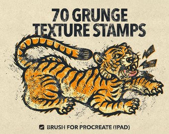 Puede incluir: Ilustración de un tigre rugiente con rayas naranjas y negras sobre un fondo beige. El texto "70 GRUNGE TEXTURE STAMPS" está encima del tigre. Debajo está el texto "BRUSH FOR PROCREATE (IPAD)".