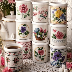 Vintage Floral Cross Stitch Mug Patterns Bundle, cross stitch for home, PDF Instant Download