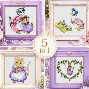 May include: Four framed cross-stitch samplers featuring animal characters. The designs include a cat and kitten, a duck with ducklings, a mouse with a baby, and a monkey in a heart-shaped floral wreath. The frames are in shades of white and purple.
