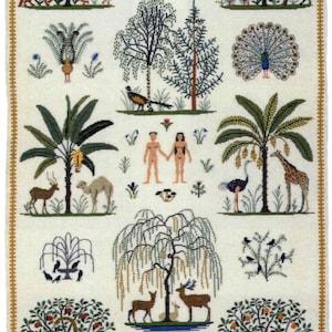 May include: A detailed tapestry depicting a biblical scene with figures, animals, and trees. The artwork has a border with a gold and brown pattern. The central image shows Adam and Eve, along with other biblical figures and animals.