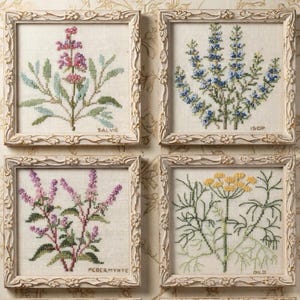 May include: Six framed cross-stitch botanical artworks. Each depicts a different plant, such as lavender and dill, in shades of purple, blue, green, and yellow. The off-white frames have decorative detailing, and some pieces include plant names.