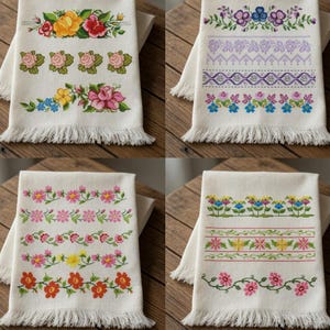 Könnte beinhalten: Vier weiße, bestickte Leinentücher mit floralen Designs. Jedes Tuch zeigt ein anderes Kreuzstichmuster von Blumen in verschiedenen Farben, darunter Gelb, Rosa, Blau und Lila. Die Tücher haben Fransen und werden auf einer Holzoberfläche präsentiert.
