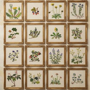 May include: Sixteen framed botanical embroidery artworks. Each artwork features a different plant or flower, with detailed stitching in various colours. The frames are ornate gold, and the background is a neutral linen fabric.