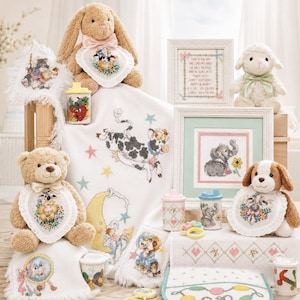 Baby Cross Stitch Pattern Bundle, Nursery Embroidery Designs, Cute Animal Baby Sampler PDF, Blanket Bib Frame Cross Stitch Set