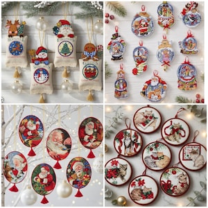 Puede incluir: Una colección de adornos navideños con varios diseños. Los adornos incluyen sacos bordados con personajes festivos, adornos redondos con Papá Noel y adornos circulares con gatos. La paleta de colores incluye rojo, verde, blanco y dorado.