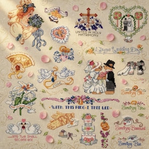 Könnte beinhalten: Ein Kreuzstich-Sampler mit Hochzeitsmotiven. Er zeigt ein Brautpaar, Tauben, Hochzeitstorten und Texte wie "United in Holy Matrimony" und "With This Ring I Thee Wed". Die Farbpalette ist sanft, mit Pastelltönen.