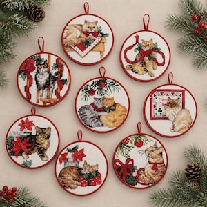 Vintage Christmas Cats Ornaments Cross Stitch, PDF Instant Download