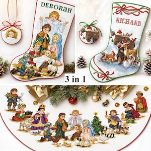 May include: A set of three Christmas-themed cross-stitch items. Includes two personalized stockings with the names "Deborah" and "Richard", a round ornament, and a tree skirt, all featuring festive designs and detailed embroidery.