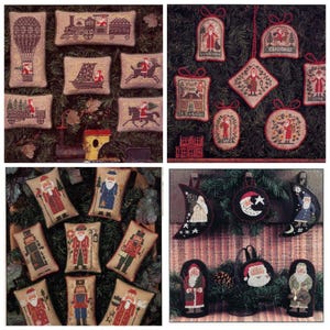 Könnte beinhalten: Eine Sammlung von Kreuzstichmustern zum Thema Weihnachten. Die Designs zeigen den Weihnachtsmann, Züge und andere festliche Motive. Die Farbpalette umfasst Rot, Grün und Beige. Die Artikel sind auf einer Unterlage aus Grünzeug angeordnet.