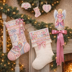 Vintage Personalized Cross Stitch Christmas Stockings with Angel Design – Handmade Holiday Decor, PDF Instant Download