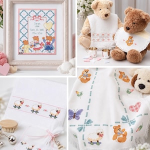 Pacchetto di schemi per punto croce per neonati, campionario per la nascita nella cameretta, ricamo PDF di copertina e bavaglino con orsacchiotto, idea regalo fai da te per baby shower.