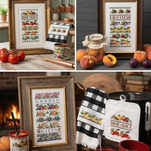 May include: A collection of framed cross-stitch art and kitchen accessories. The art features colorful stitched images of fruits and vegetables with text. Includes a mug, pot holders, and a black and white checkered towel.