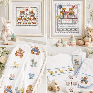 Baby Nursery Cross Stitch Pattern Bundle, Teddy Bear Sampler, Baby Birth Record, Family Tree Cross Stitch, Blanket Motifs PDF Pattern