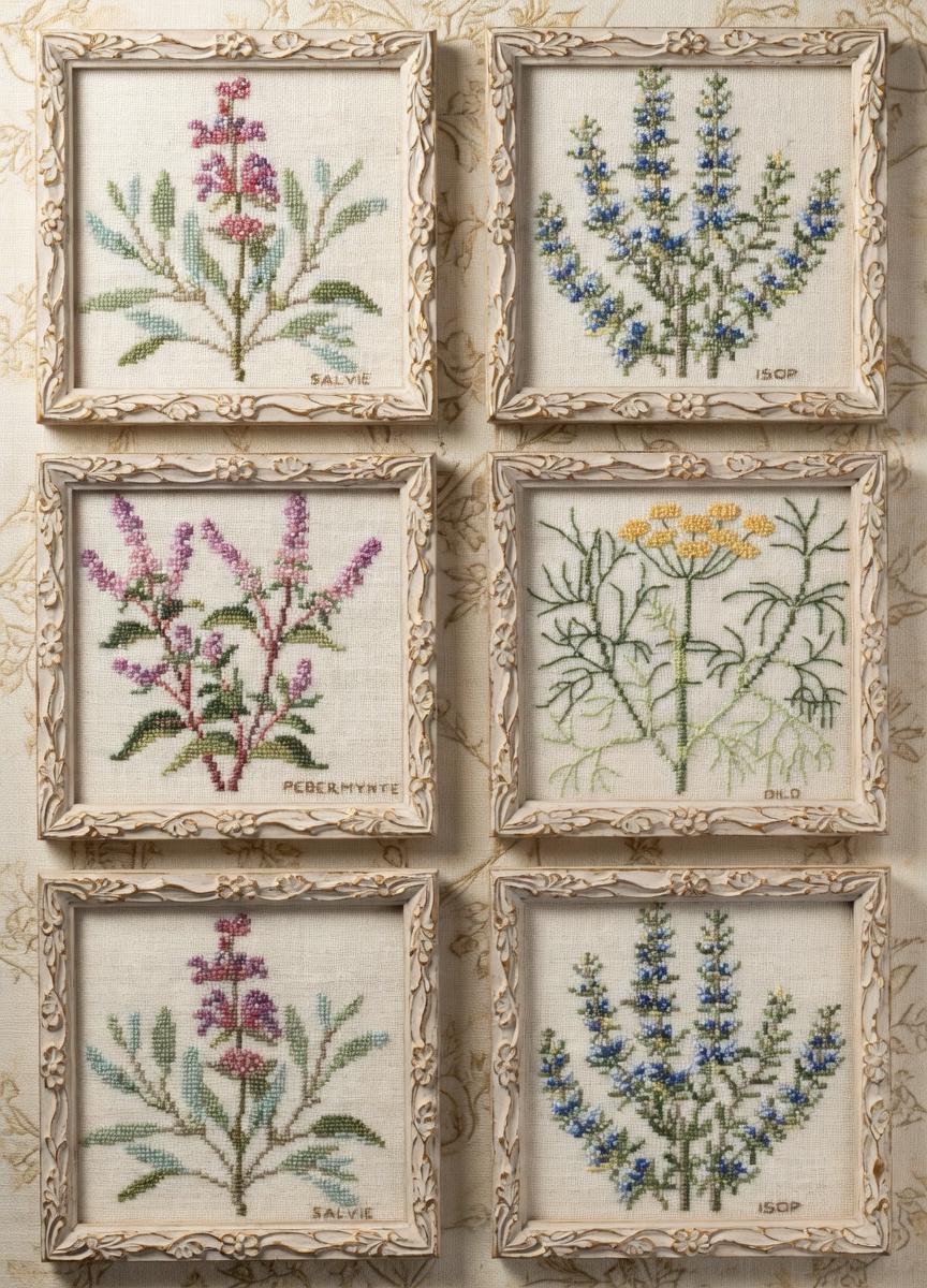 ヴィンテージ 刺繍アート 壁掛け 額装 植物ハーブのクロスステッチ壁掛けアートセット – ヴィンテージ刺繍