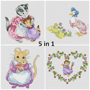 May include: Cross-stitch patterns featuring animal characters. A cat in a pink dress holds a smaller cat in a purple dress. A duck with a blue bonnet stands near ducklings and flowers. A mouse in a purple dress holds a smaller animal. A cat in a purple dress stands in a heart-shaped floral wreath. The text "5 in 1" is in the center.