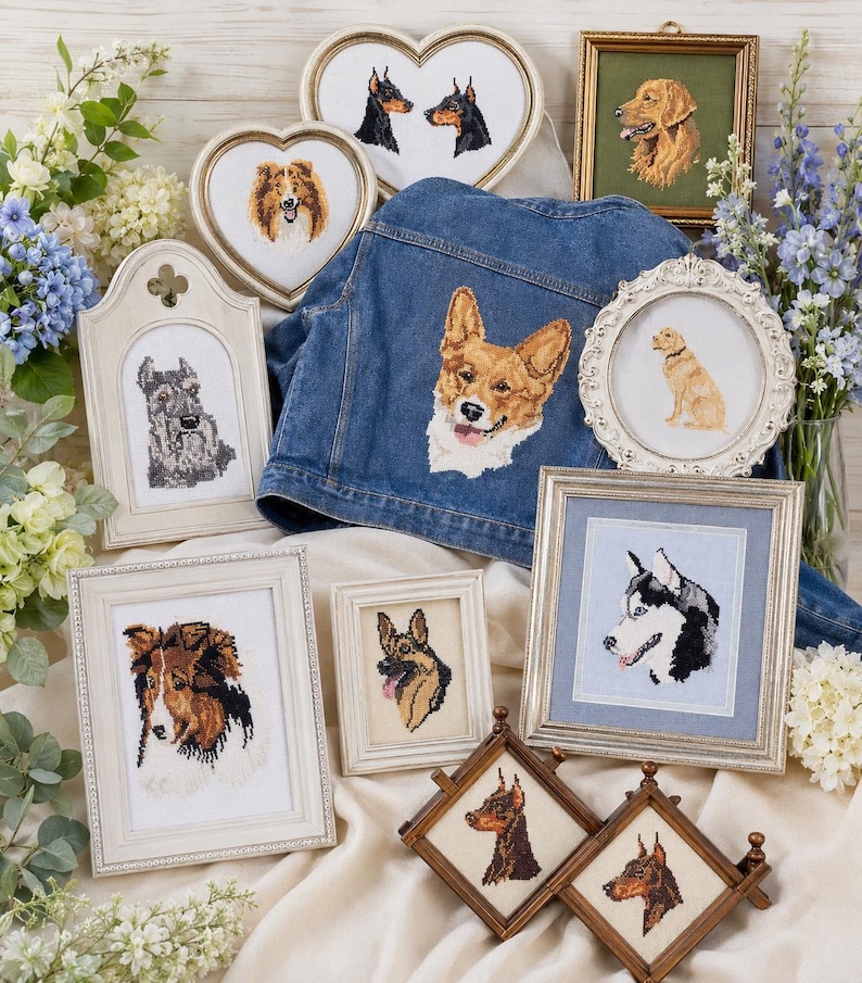 May include: A collection of framed dog portraits and a denim jacket with a Corgi face embroidered on the back. The portraits feature various dog breeds, including a Golden Retriever, Husky, and Doberman Pinschers. The frames are in various shapes and sizes.