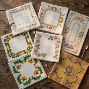 May include: A collection of embroidered linen napkins with floral designs. The napkins feature various patterns, including roses, marigolds, and other flowers, in shades of pink, orange, yellow, and green. The napkins are arranged on a wooden surface.