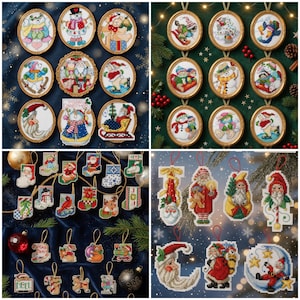 Vintage Mini Julkorsstygnsmönster – Festliga Ornament, Jultomte, Snögubbe & Juldekorationer Set, PDF Direktnedladdning
