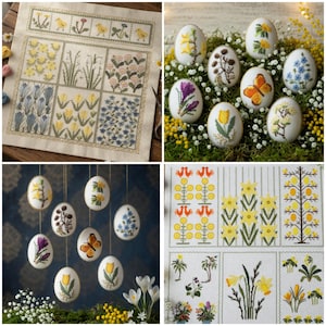 May include: A collection of images featuring cross-stitch designs. One image shows a sampler with floral and chick motifs. Other images display embroidered Easter eggs with various flower and butterfly designs. The color palette includes yellow, blue, and purple.