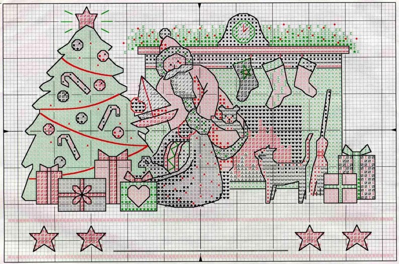May include: Cross-stitch pattern featuring a Christmas scene. Santa Claus is depicted near a fireplace, with a decorated tree, gifts, and stockings. The color palette includes green, pink, and red, creating a festive holiday theme.
