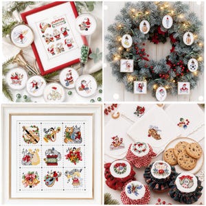 May include: A collection of Christmas-themed cross-stitch items. Includes framed samplers, ornaments, and coasters with festive designs. The color palette features red, green, white, and gold, with images of Santa Claus and other holiday motifs.