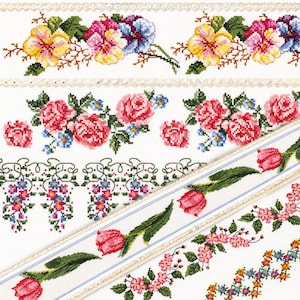 Bunt med vintage blommönster med korsstygn | Broderischema med rosor, tulpaner och penséer i PDF-format | Direkt nedladdning