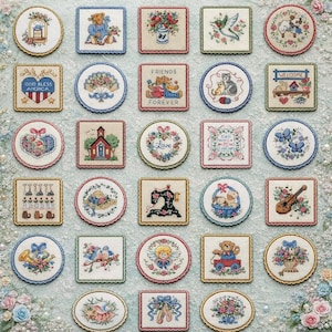 Collection de mini-motifs de point de croix vintage – Broderie artisanale avec cadres décoratifs // Téléchargement PDF instantané