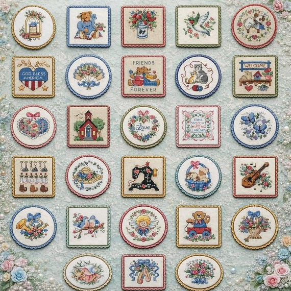 Vintage Cross Stitch Mini Designs Collection – Handmade Embroidery Art with Decorative Frames  // PDF Instant Download
