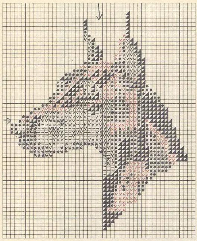 May include: Cross-stitch pattern of a horse's head in profile. The design uses black, red, and white stitches on a grid background. The horse's mane and face are detailed with various stitch patterns.