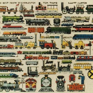 May include: A cross-stitch sampler featuring various train designs in multiple colors. The text "THE BEST FRIEND OF CHARLESTON", "TOM THUMB", and "DEWITT CLINTON" are visible. The sampler includes a variety of train types, signals, and a crossing sign.