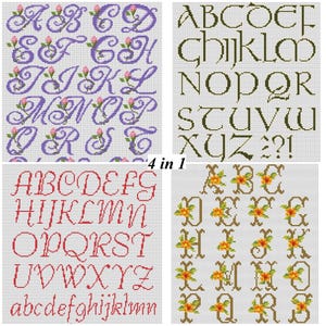 Puede incluir: Una colección de alfabetos de punto de cruz en varios estilos. La imagen muestra cuatro fuentes diferentes: morado con detalles florales, verde, cursiva roja y dorado con detalles florales. También se ve el texto "4 in 1".