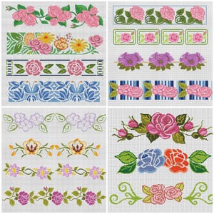 Könnte beinhalten: Eine Sammlung von Kreuzstichmustern mit floralen Designs. Die Muster zeigen Rosen, Gänseblümchen und andere Blumen in verschiedenen Farben, angeordnet in Bordüren und dekorativen Elementen. Die Designs sind auf weißem Hintergrund.