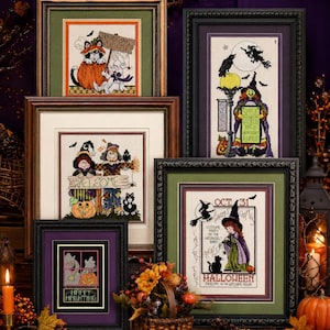 Vintage Halloween Kreuzstichmuster-Set – Hexe & Kürbis, PDF-Sofortdownload