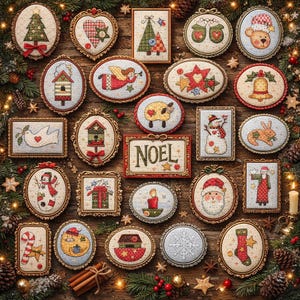 May include: A collection of framed Christmas ornaments with embroidered designs, including a Christmas tree, angel, snowman, and Santa Claus. The word "NOEL" is displayed on one ornament. The ornaments are arranged on a wooden surface with pine needles and cinnamon sticks.