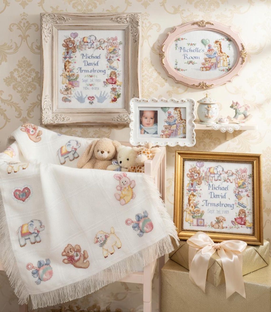 Vintage Personalized Baby Birth Sampler Cross Stitch – Nursery Decor ...