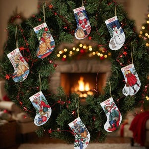 Vintage gepersonaliseerde kerstsokversieringen met kruissteek, PDF direct te downloaden