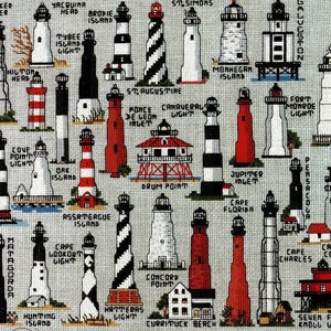 May include: A collection of embroidered lighthouse designs, each with unique color schemes and patterns. The lighthouses vary in height and style, with some featuring stripes, spirals, and solid colors. The image includes text labels identifying each lighthouse location.